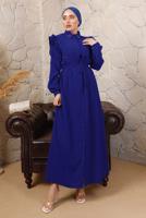 Tesettür giyim LACİVERT YAKASI TAŞLI KOLLARI FIRFIR DETAYLI ELBİSE T 4503