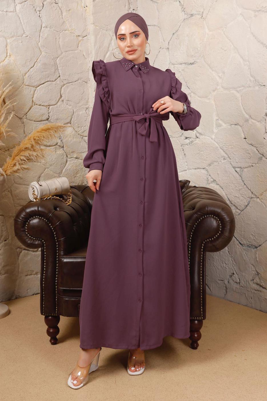 Tesettür giyim MOR YAKASI TAŞLI KOLLARI FIRFIR DETAYLI ELBİSE T 4503