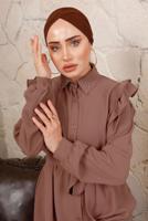 Tesettür giyim KAHVE YAKASI TAŞLI KOLLARI FIRFIR DETAYLI ELBİSE T 4503