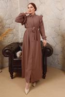 Tesettür giyim KAHVE YAKASI TAŞLI KOLLARI FIRFIR DETAYLI ELBİSE T 4503