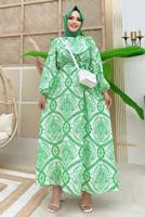 Tesettür giyim YEŞİL DESENLİ KUŞAKLI ELBİSE T 4573