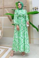 Tesettür giyim YEŞİL DESENLİ KUŞAKLI ELBİSE T 4573