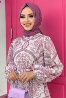 Tesettür giyim MOR DESENLİ KUŞAKLI ELBİSE T 4573