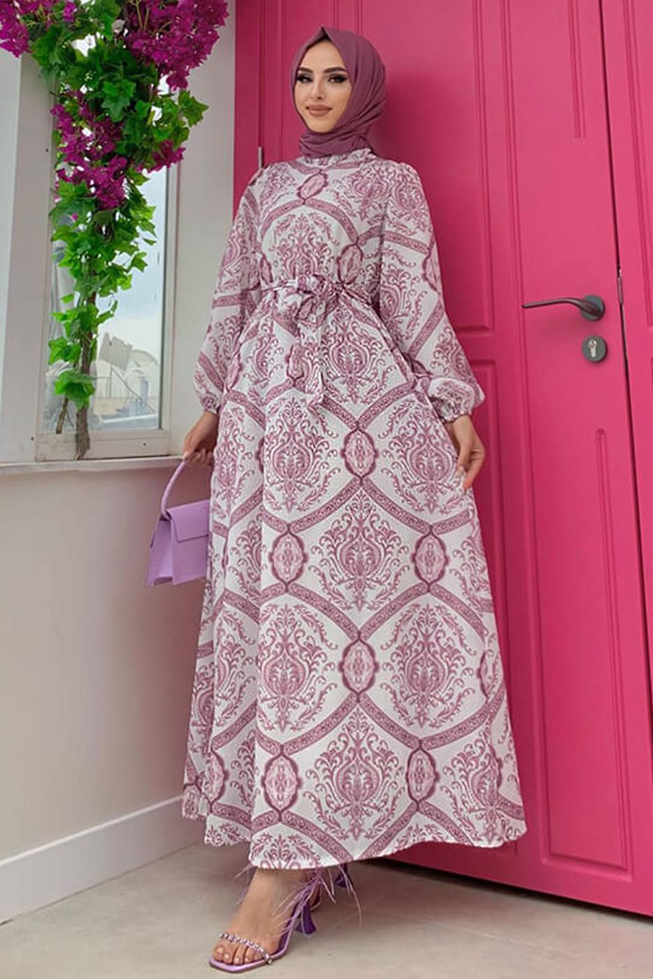 Tesettür giyim MOR DESENLİ KUŞAKLI ELBİSE T 4573