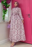 Tesettür giyim MOR DESENLİ KUŞAKLI ELBİSE T 4573