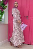 Tesettür giyim MOR DESENLİ KUŞAKLI ELBİSE T 4573