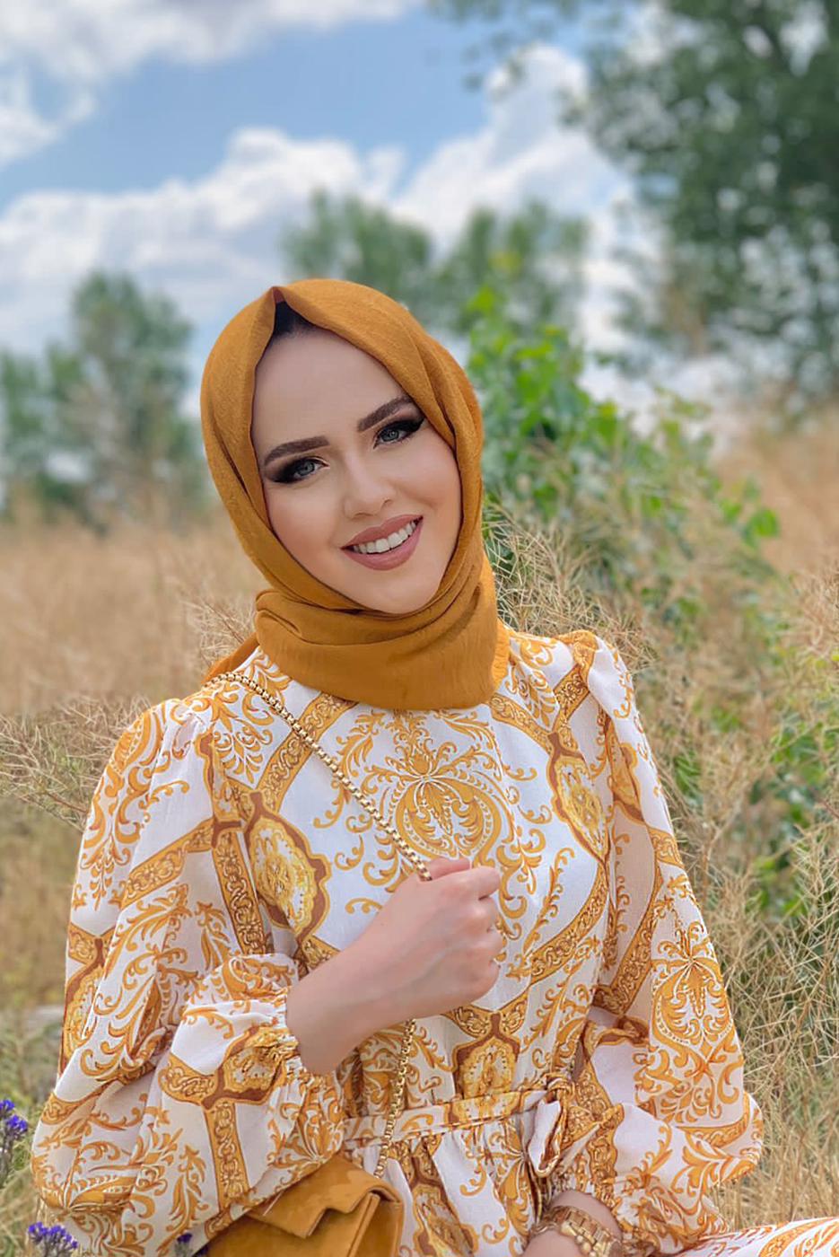 Tesettür giyim TABA DESENLİ KUŞAKLI ELBİSE T 4573