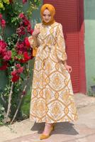 Tesettür giyim TABA DESENLİ KUŞAKLI ELBİSE T 4573