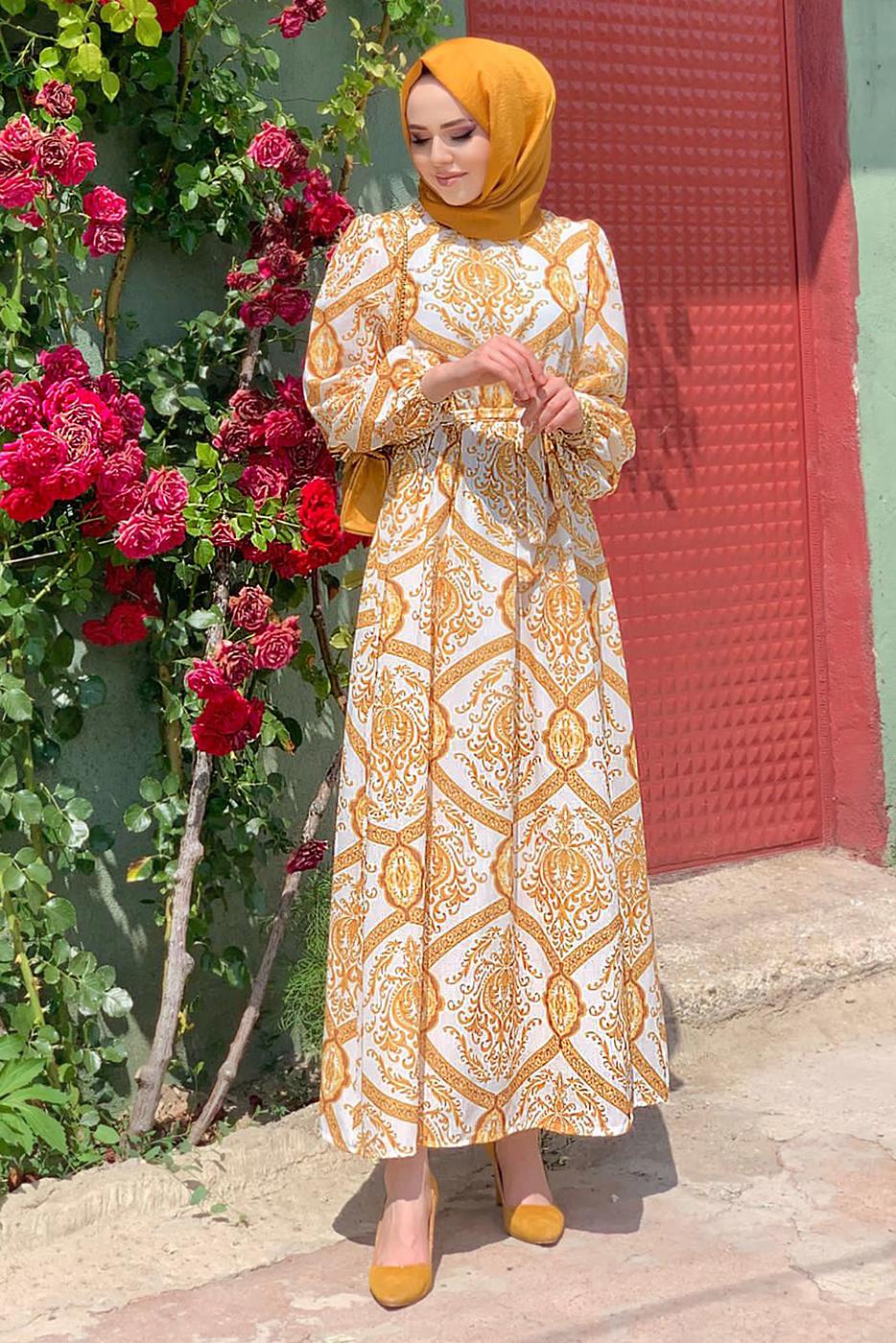 Tesettür giyim TABA DESENLİ KUŞAKLI ELBİSE T 4573