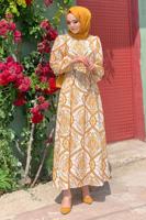 Tesettür giyim TABA DESENLİ KUŞAKLI ELBİSE T 4573