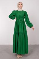 Tesettür giyim YEŞİL BELİ BÜZGÜLÜ DANTEL DETAYLI ELBİSE T 4685