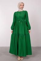 Tesettür giyim YEŞİL BELİ BÜZGÜLÜ DANTEL DETAYLI ELBİSE T 4685