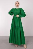 Tesettür giyim YEŞİL BELİ BÜZGÜLÜ DANTEL DETAYLI ELBİSE T 4685