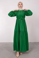 Tesettür giyim YEŞİL BELİ BÜZGÜLÜ DANTEL DETAYLI ELBİSE T 4685