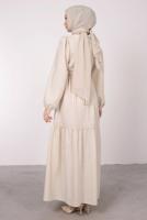 Tesettür giyim BEJ BELİ BÜZGÜLÜ DANTEL DETAYLI ELBİSE T 4685