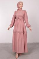 Tesettür giyim PUDRA BELİ BÜZGÜLÜ DANTEL DETAYLI ELBİSE T 4685