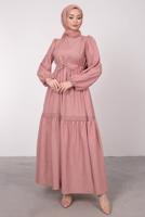 Tesettür giyim PUDRA BELİ BÜZGÜLÜ DANTEL DETAYLI ELBİSE T 4685