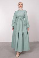 Tesettür giyim YEŞİL BELİ BÜZGÜLÜ DANTEL DETAYLI ELBİSE T 4685