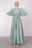 Tesettür giyim YEŞİL BELİ BÜZGÜLÜ DANTEL DETAYLI ELBİSE T 4685