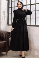 Tesettür giyim SİYAH PÜSKÜL DETAYLI KUŞAKLI ELBİSE T 48002