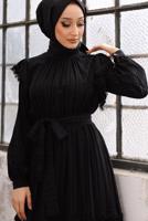 Tesettür giyim SİYAH PÜSKÜL DETAYLI KUŞAKLI ELBİSE T 48002