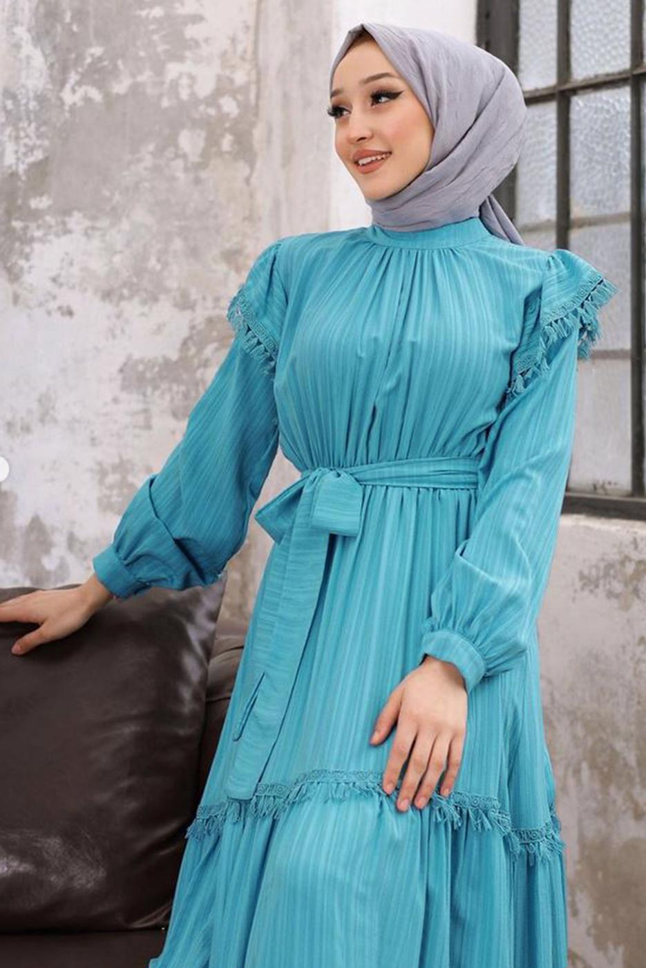 Tesettür giyim MAVİ PÜSKÜL DETAYLI KUŞAKLI ELBİSE T 48002