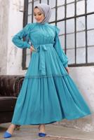 Tesettür giyim MAVİ PÜSKÜL DETAYLI KUŞAKLI ELBİSE T 48002