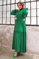 Tesettür giyim YEŞİL PÜSKÜL DETAYLI KUŞAKLI ELBİSE T 48002