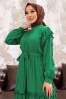 Tesettür giyim YEŞİL PÜSKÜL DETAYLI KUŞAKLI ELBİSE T 48002