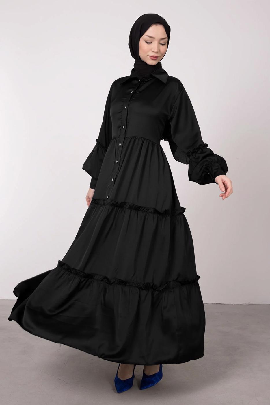 Tesettür giyim SİYAH BALON KOL DÜĞMELİ SATEN ELBİSE T 4885
