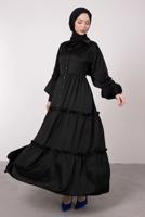 Tesettür giyim SİYAH BALON KOL DÜĞMELİ SATEN ELBİSE T 4885