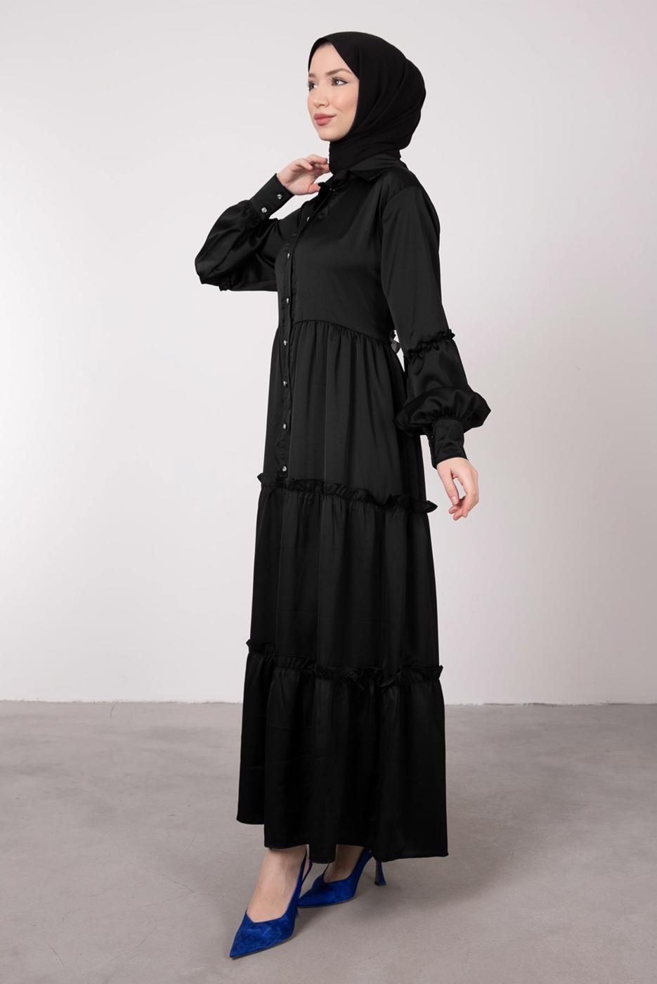 Tesettür giyim SİYAH BALON KOL DÜĞMELİ SATEN ELBİSE T 4885