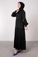 Tesettür giyim SİYAH BALON KOL DÜĞMELİ SATEN ELBİSE T 4885