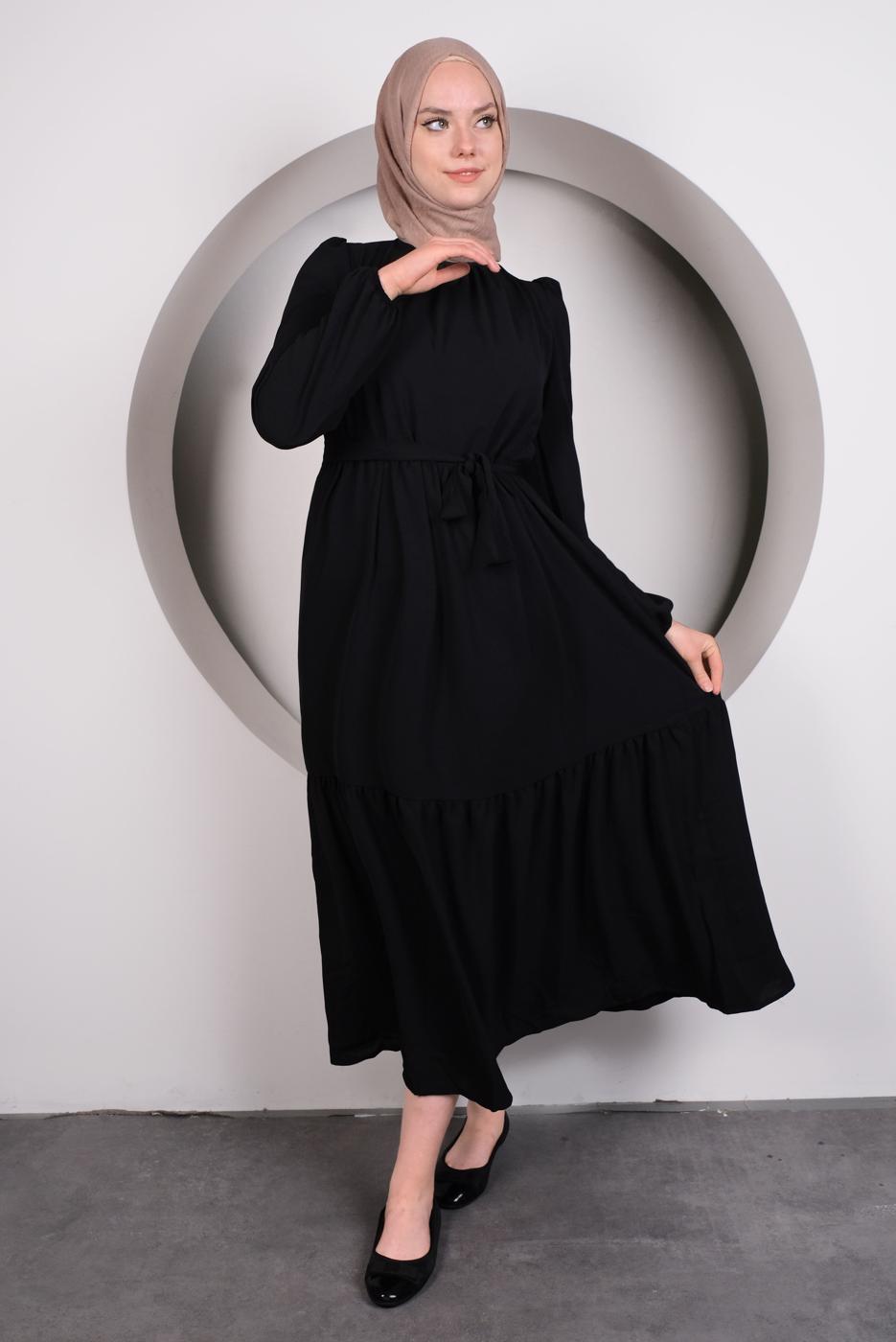 Vêtements hijab NOIR ROBE À VOLANTS ET CEINTURE T 50003