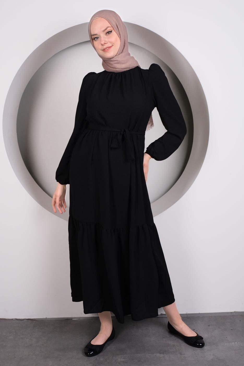 Vêtements hijab NOIR ROBE À VOLANTS ET CEINTURE T 50003