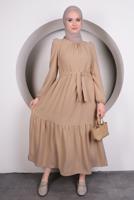 Hijab clothing BEIGE BELTED FRILLED DRESS T 50003