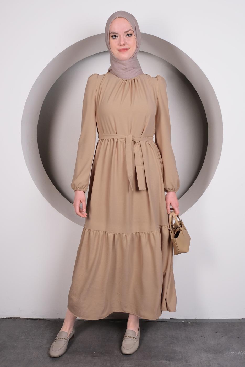 Hijab clothing BEIGE BELTED FRILLED DRESS T 50003