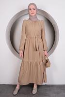 Hijab clothing BEIGE BELTED FRILLED DRESS T 50003