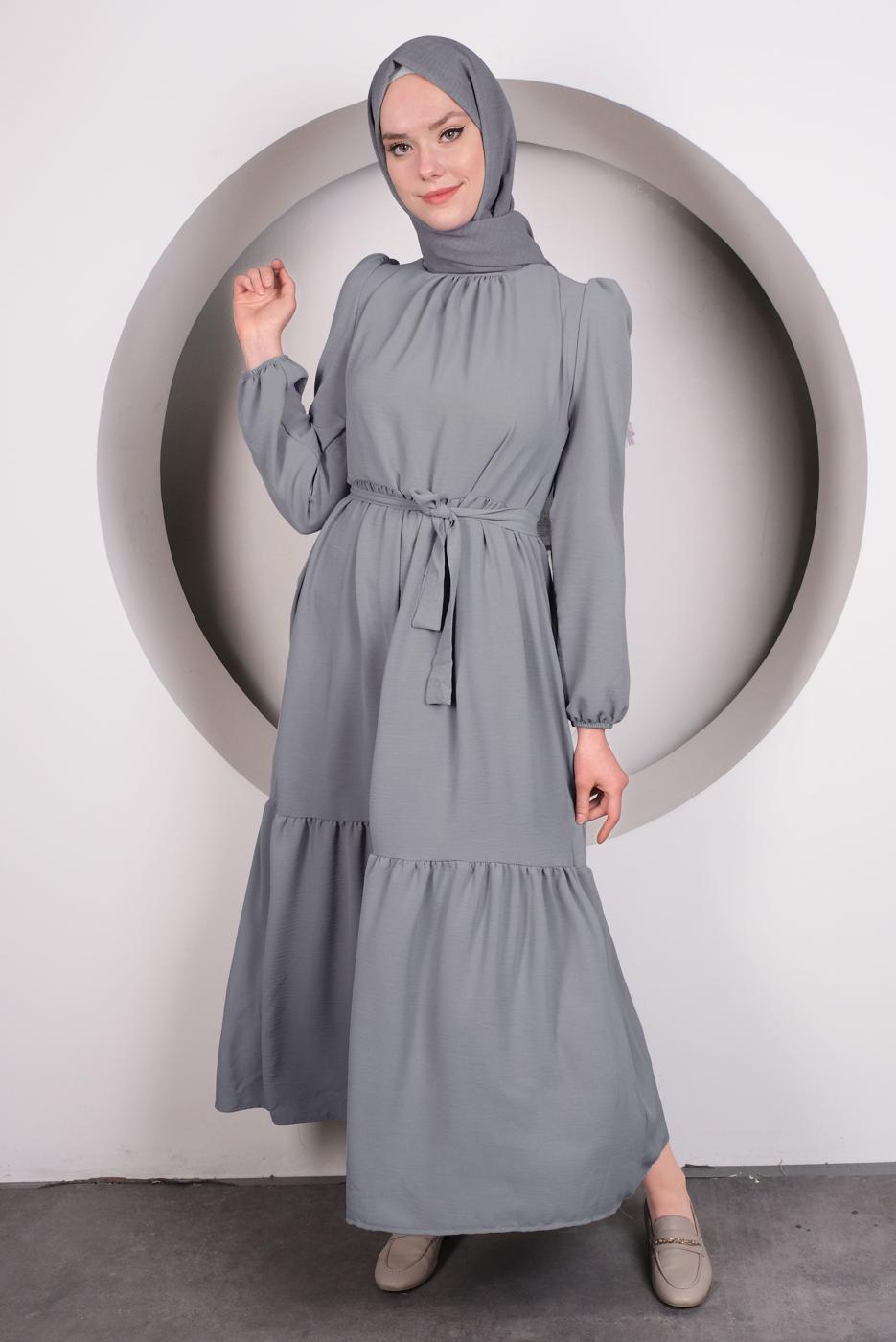 Vêtements hijab GRIS ROBE À VOLANTS ET CEINTURE T 50003
