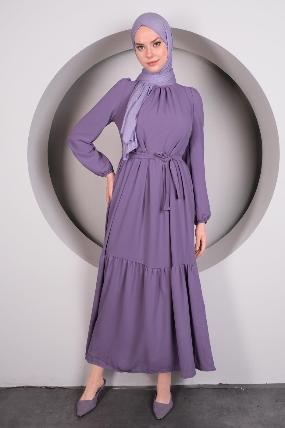 Hijab clothing PURPLE BELTED FRILLED DRESS T 50003