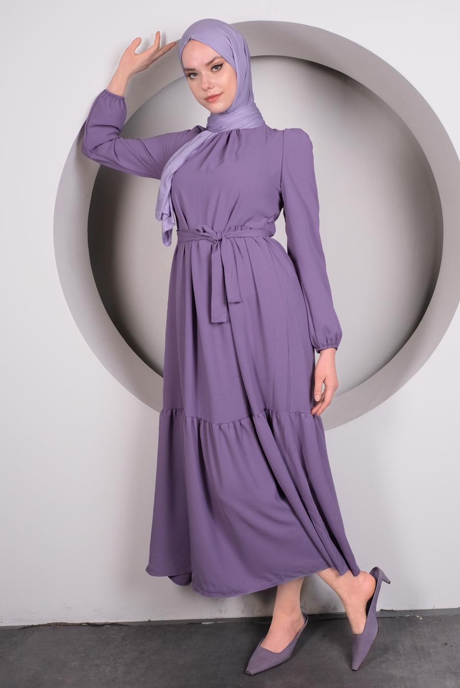 Hijab clothing PURPLE BELTED FRILLED DRESS T 50003