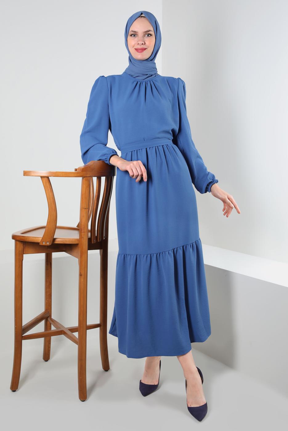 Vêtements hijab BLEU MARINE ROBE À VOLANTS ET CEINTURE T 50003