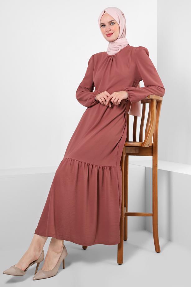 Tesettür giyim  KUŞAKLI VOLANLI ELBİSE T 50003	 - TRENDTESETTÜR