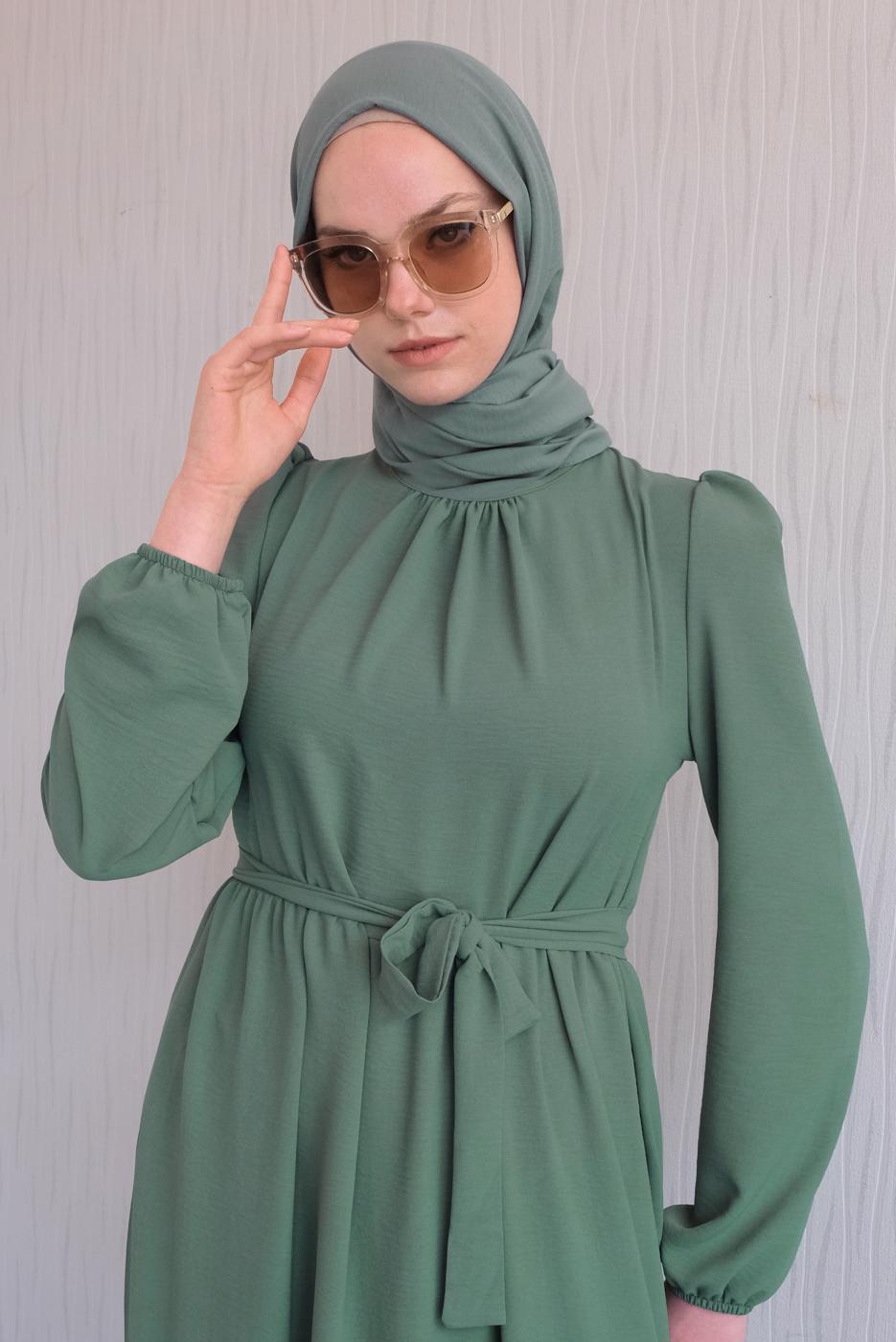 Hijab clothing GREEN BELTED FRILLED DRESS T 50003