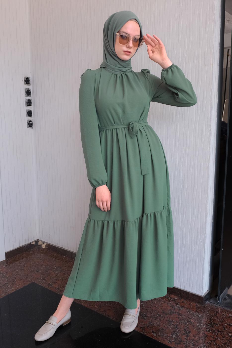 Hijab clothing GREEN BELTED FRILLED DRESS T 50003