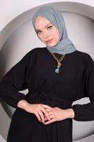 Tesettür giyim SİYAH BELİ LASTİKLİ KUŞAKLI ELBİSE T 50013