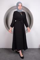 Tesettür giyim SİYAH BELİ LASTİKLİ KUŞAKLI ELBİSE T 50013