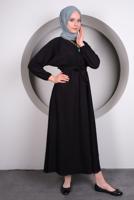 Tesettür giyim SİYAH BELİ LASTİKLİ KUŞAKLI ELBİSE T 50013