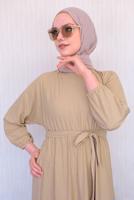 Tesettür giyim BEJ BELİ LASTİKLİ KUŞAKLI ELBİSE T 50013