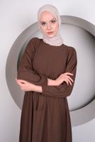 Tesettür giyim KAHVE BELİ LASTİKLİ KUŞAKLI ELBİSE T 50013